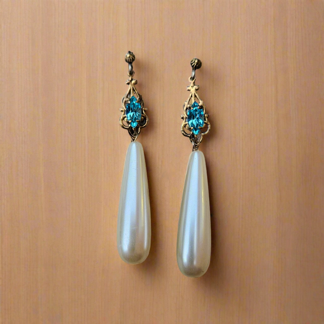 Vintage Aqua Pearl Dangle Earrings Gold Silver Stunning