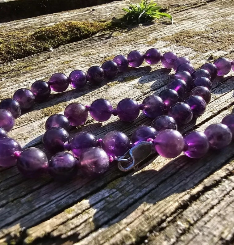 Amethyst Bead Necklace Sterling Silver Hand Knotted Beads