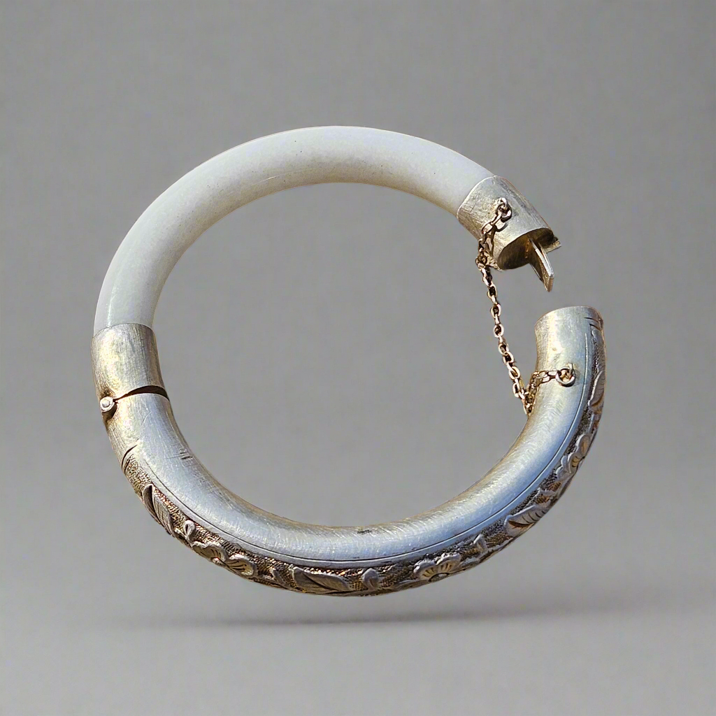 Chinese White Jade Bangle 6.5 cm Engraved Silver Vintage Bracelet Antique