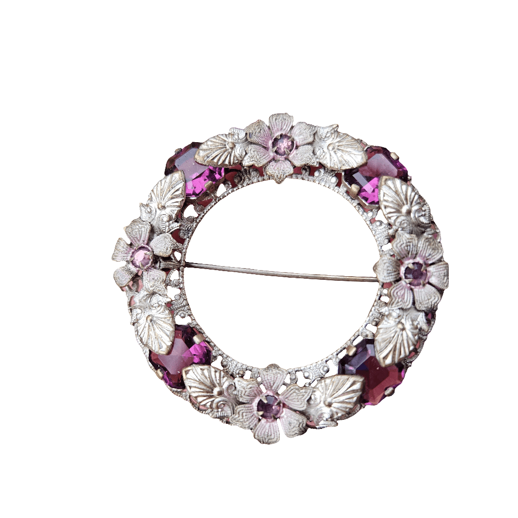 Silver Openwork Wreath Brooch Vintage Flower Pin Purple Lilac Rhinestone