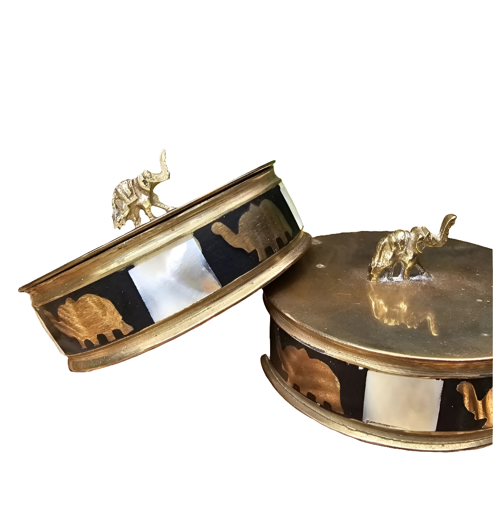 Pair Vintage Brass Ebony Mother Of Pearl Elephant Trinket Boxes