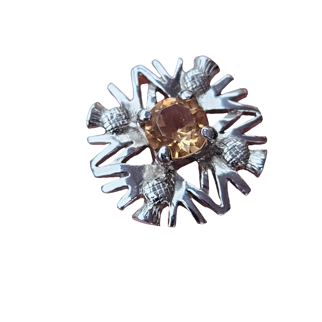 Pretty Scottish Thistle Brooch Citrine Gemstone Vintage Glass Pin