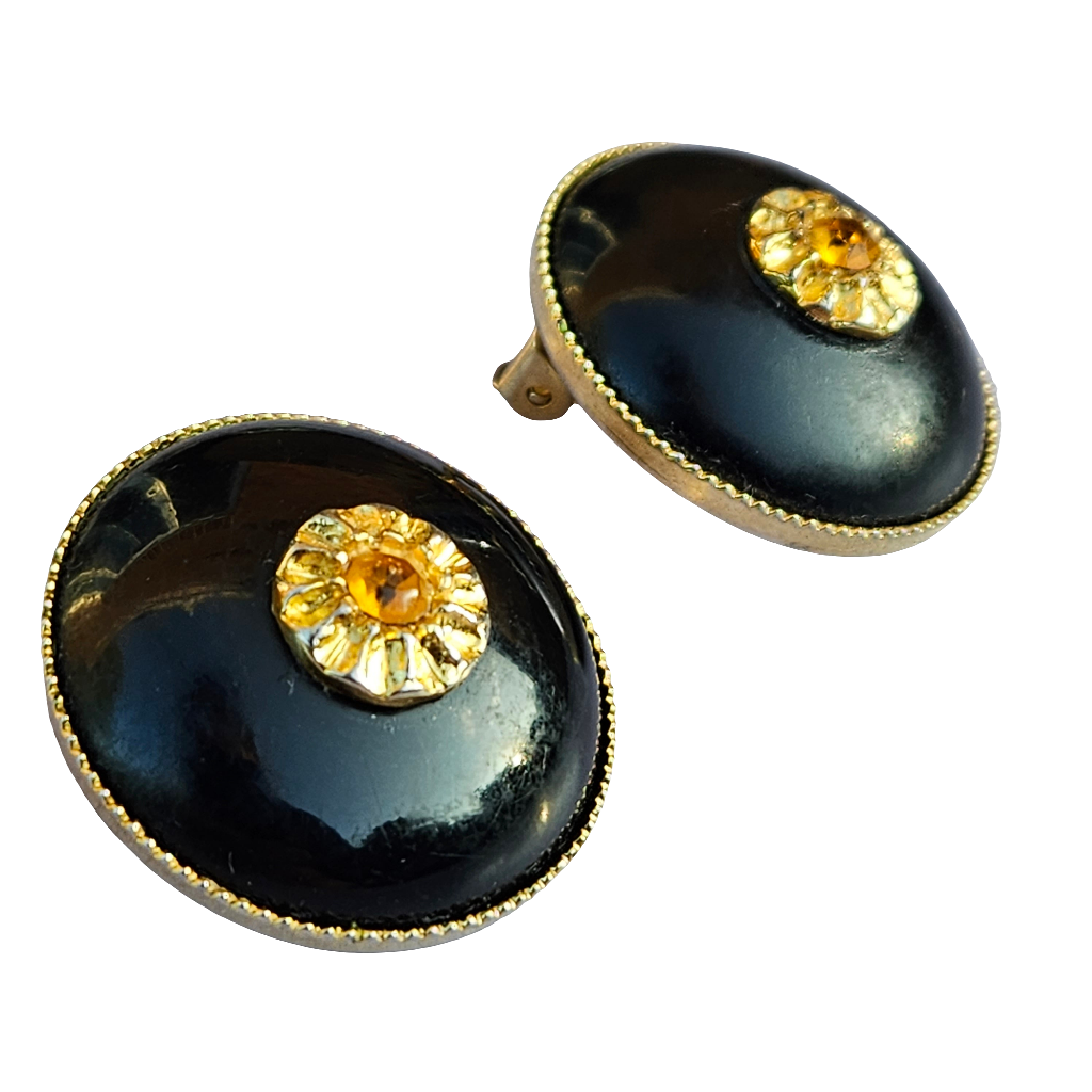 Antique Clip On Earrings Citrine Gold Black Dome Vintage Jewellery Jewelry