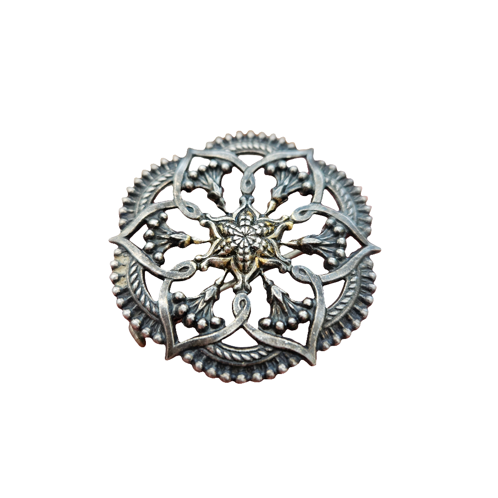 Silver Openwork Brooch Trombone Clasp Vintage Geometric Flower Pin