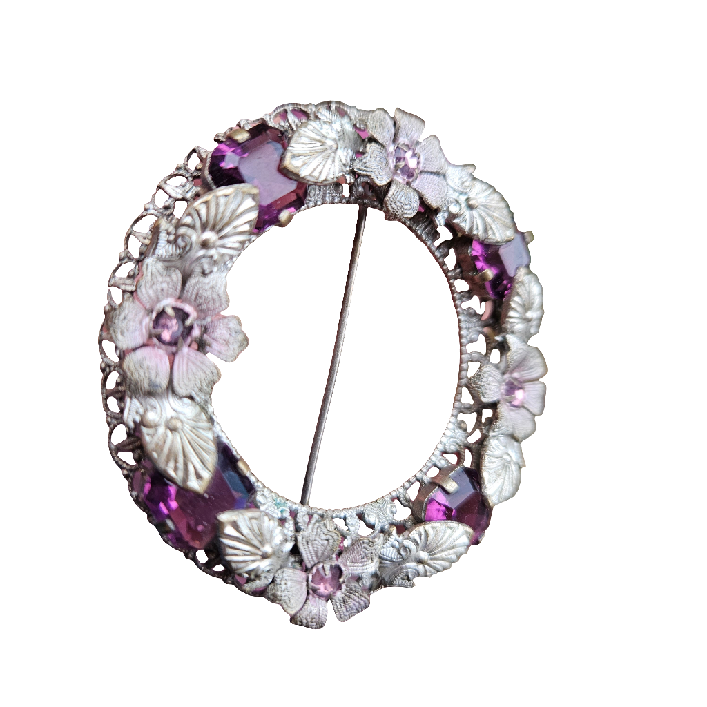 Silver Openwork Wreath Brooch Vintage Flower Pin Purple Lilac Rhinestone