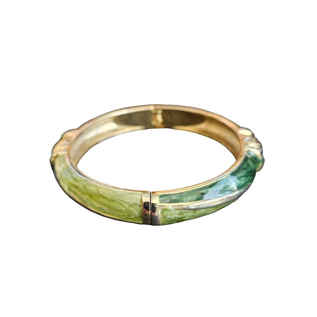Vintage 90s Enamel Bangle Bamboo Green Gold Stunning Bracelet