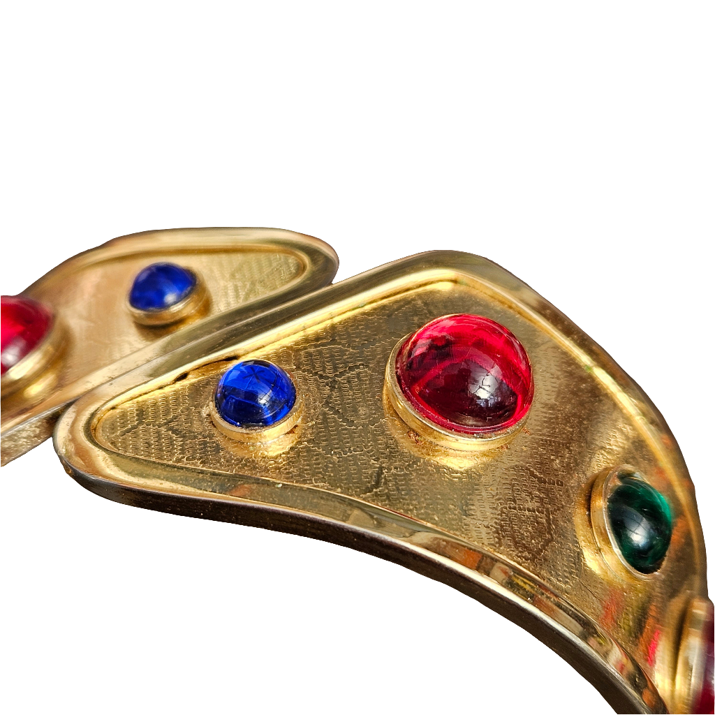 Vintage 80s Glam Hinged Clamper Bangle Red Green Blue Gems Bracelet