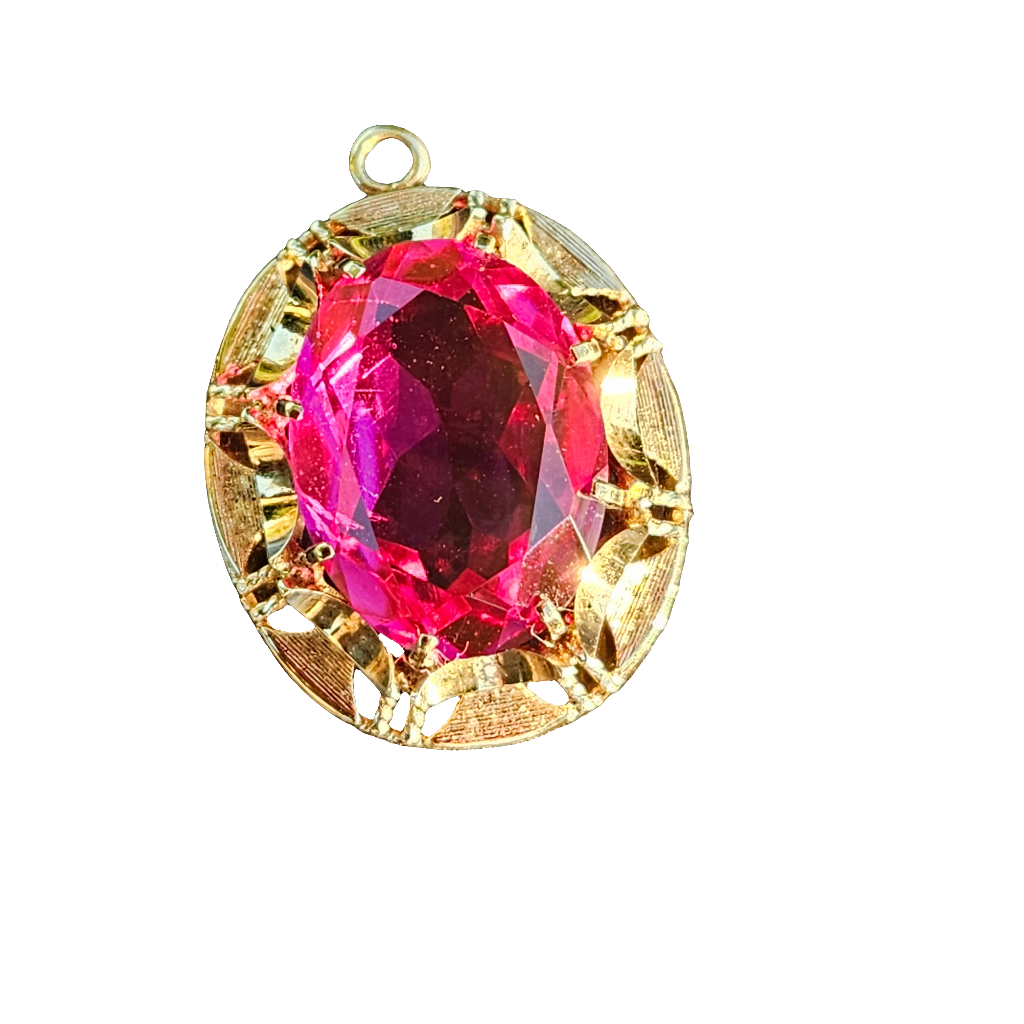 Bright Neon Pink Gemstone Pendant 80s Glam Gold Tone Jewellery Charm