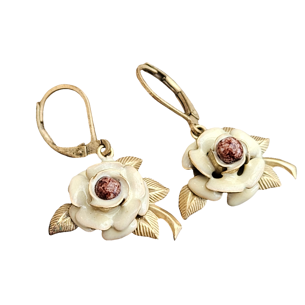Vintage Brass Enamel Earrings Rose Flower Dangle Drop Jewellery Jewelry