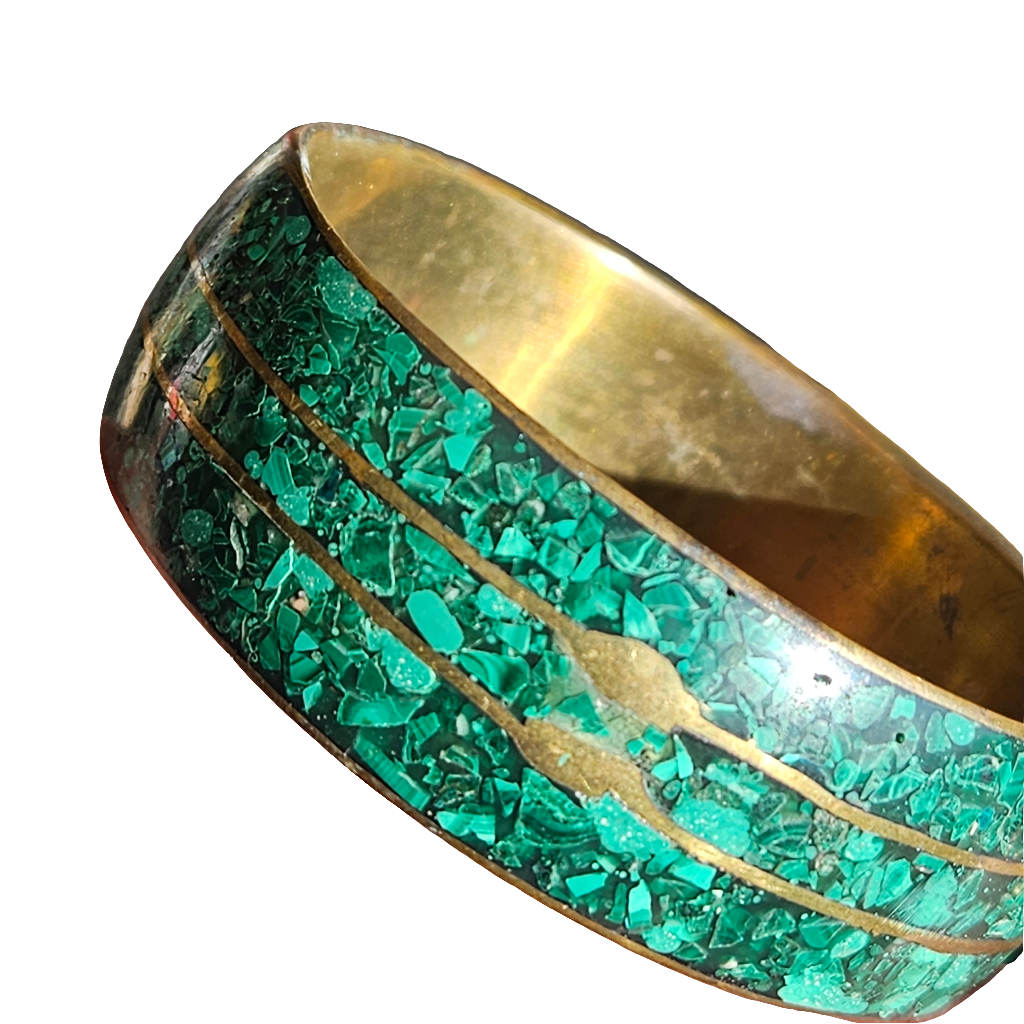Amazing Malachite Bangle Brass Inlay Vintage Bracelet Green Golden Jewellery
