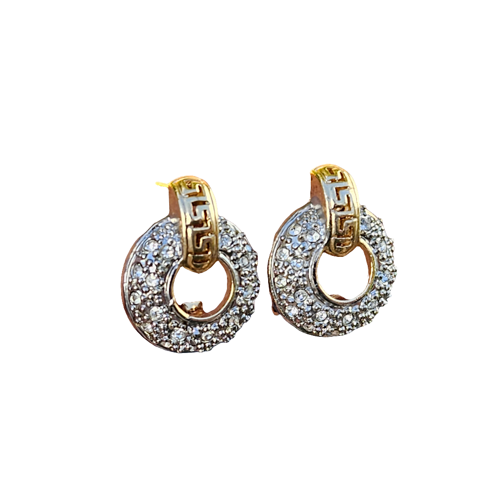 Vintage Earrings Crystal Greek Key Gold Pierced Studs Stylish High End