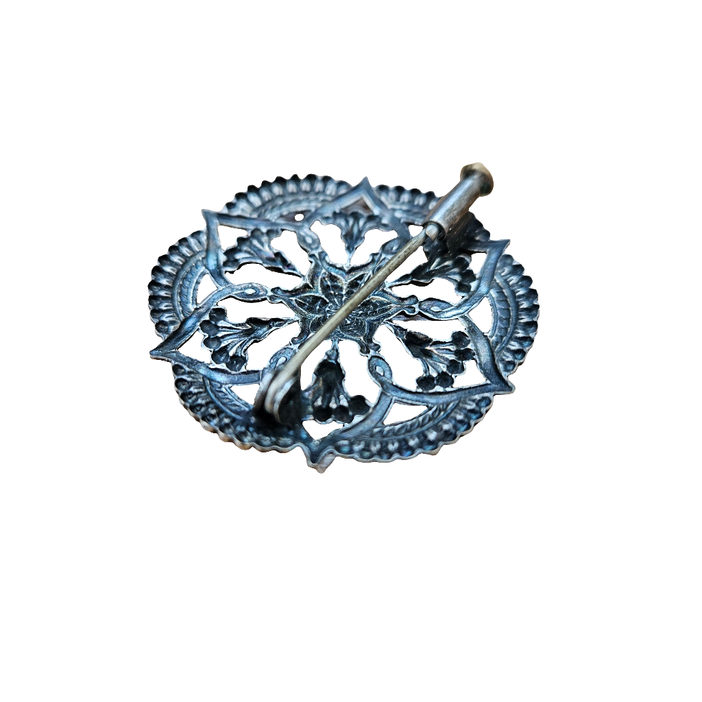 Silver Openwork Brooch Trombone Clasp Vintage Geometric Flower Pin