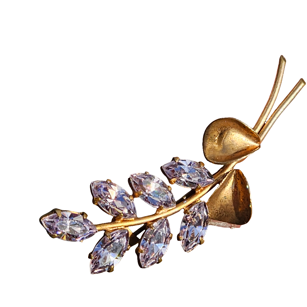 Gold Plated Rhinestone Floral Brooch Lilac Crystal Flower Pin Vintage