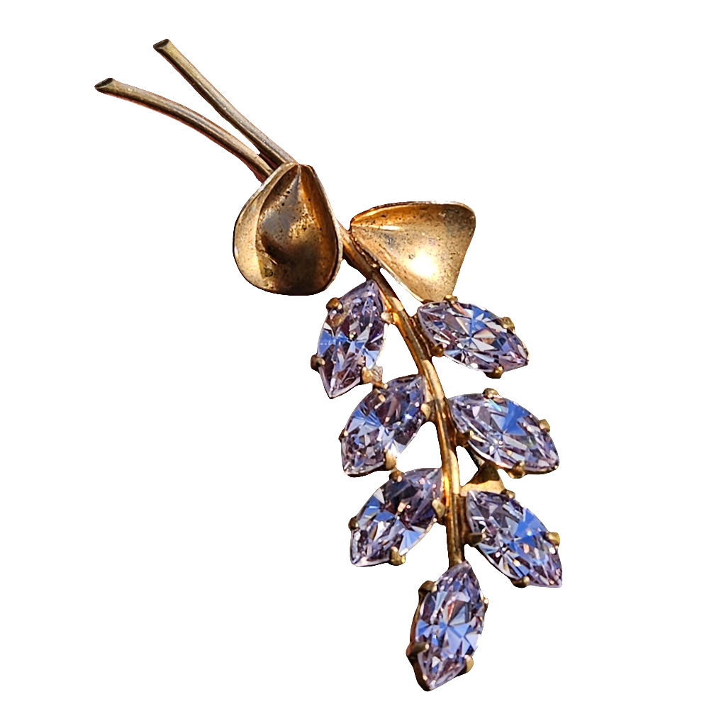 Gold Plated Rhinestone Floral Brooch Lilac Crystal Flower Pin Vintage