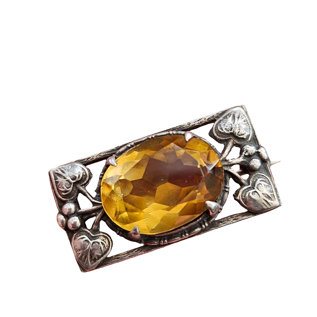 Art Nouveau Sterling Silver Rectangular Brooch Citrine Pin Leaf Jewellery