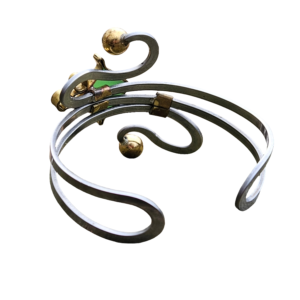 Vintage Brass And Steel Bangle Square Green Glass Boho Bracelet Jewellery