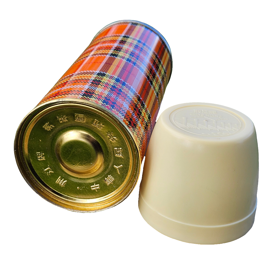 Vintage Metal Thermos Flask Orange Plaid Tartan 60s 70s Ching Kiang Brand