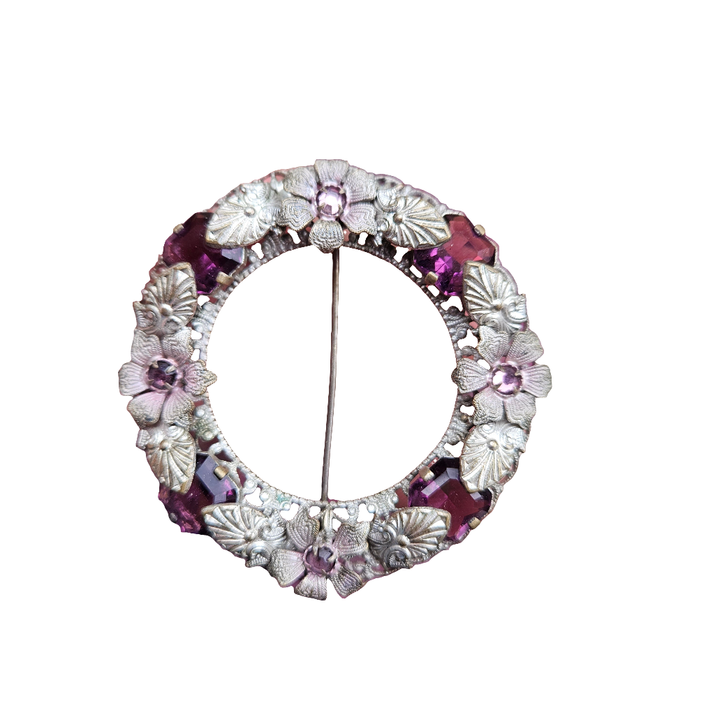 Silver Openwork Wreath Brooch Vintage Flower Pin Purple Lilac Rhinestone