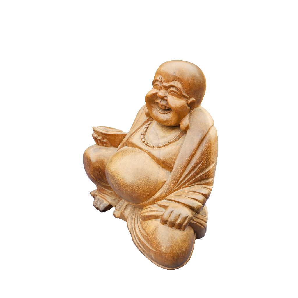 Carved Wooden Laughing Buddha Vintage Boho Decor Figurine Lucky Ornament