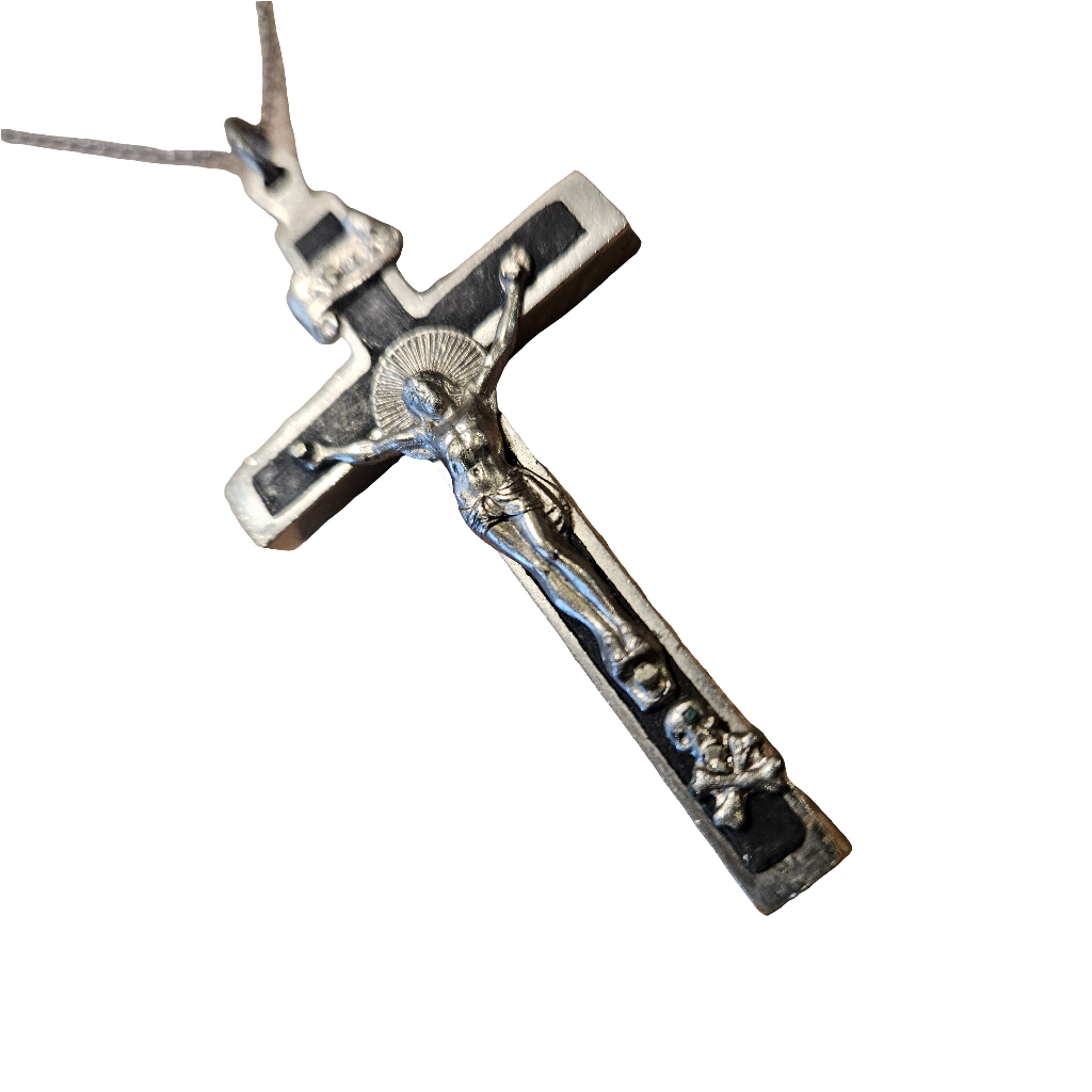 Wooden Ebony Cross Crucifix Necklace Antique 1910s Sterling Silver Chain