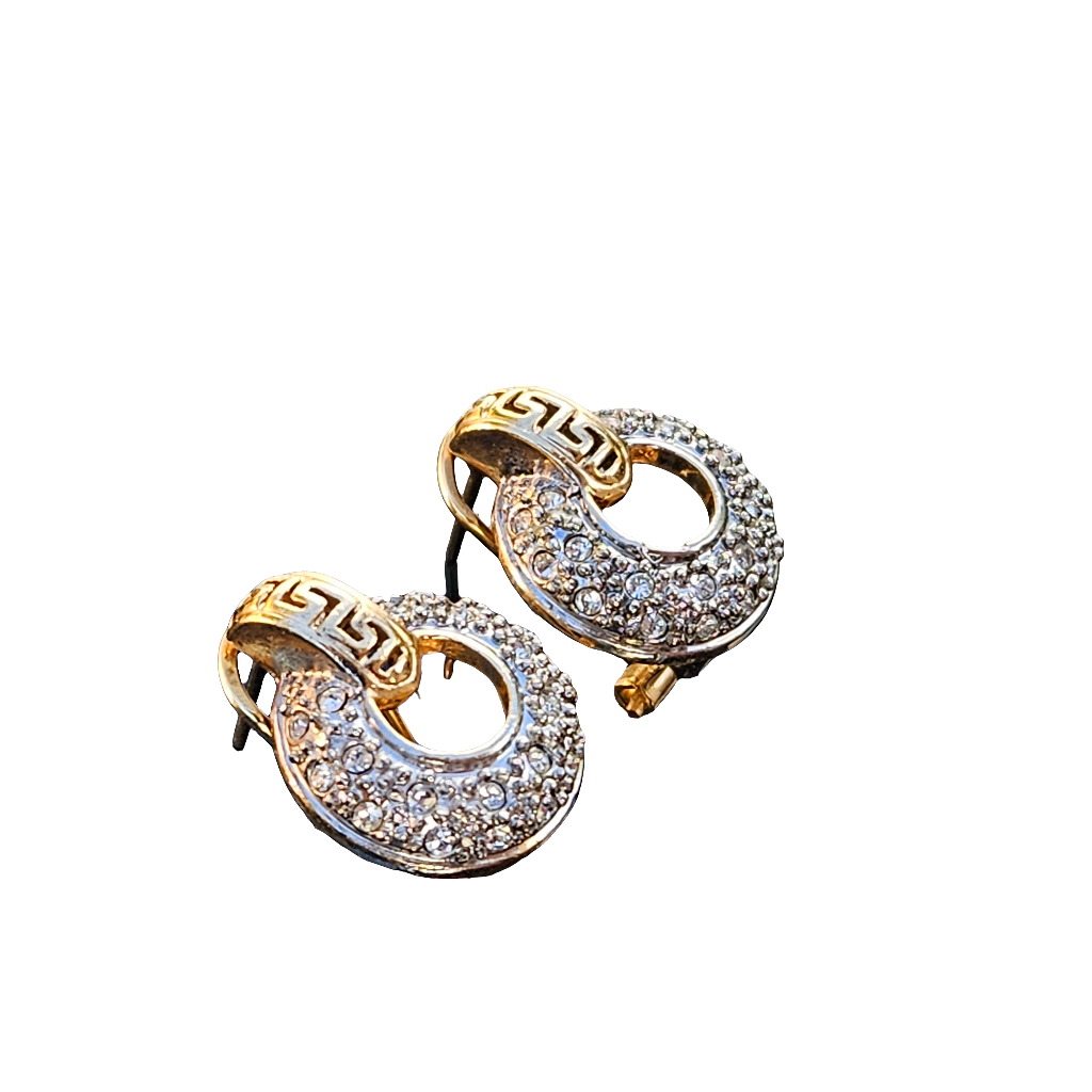 Vintage Earrings Crystal Greek Key Gold Pierced Studs Stylish High End