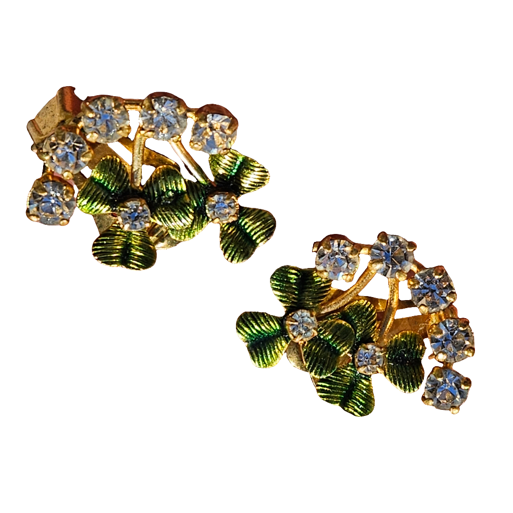 Rhinestone Green Gold Enamel Lucky Clover Clip On Earrings Vintage Jewellery