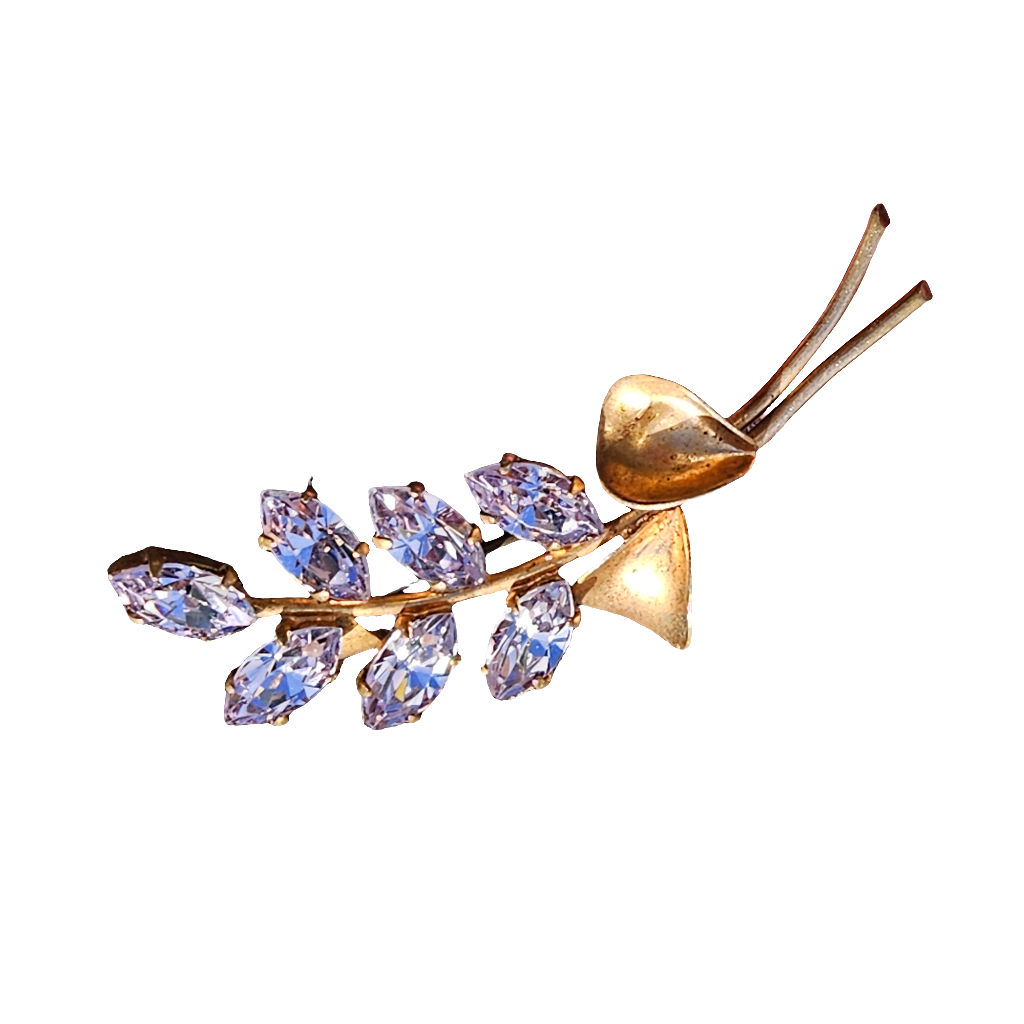 Gold Plated Rhinestone Floral Brooch Lilac Crystal Flower Pin Vintage