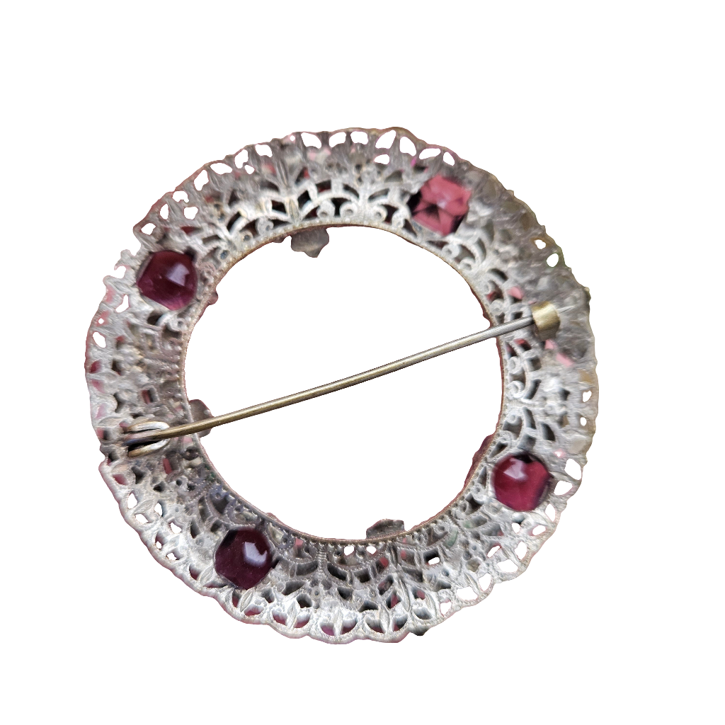 Silver Openwork Wreath Brooch Vintage Flower Pin Purple Lilac Rhinestone