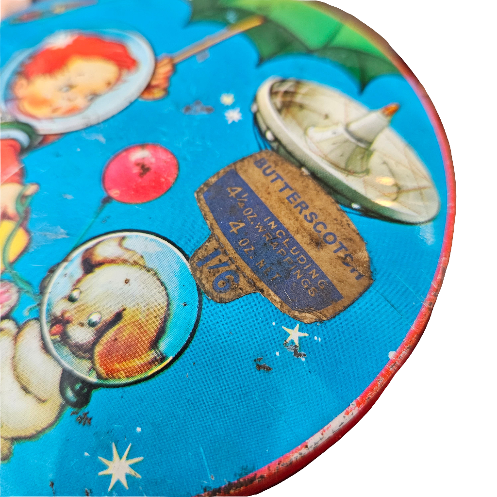 Old Butterscotch Tin Atomic 50s Cute Puppy And Boy Vintage Storage