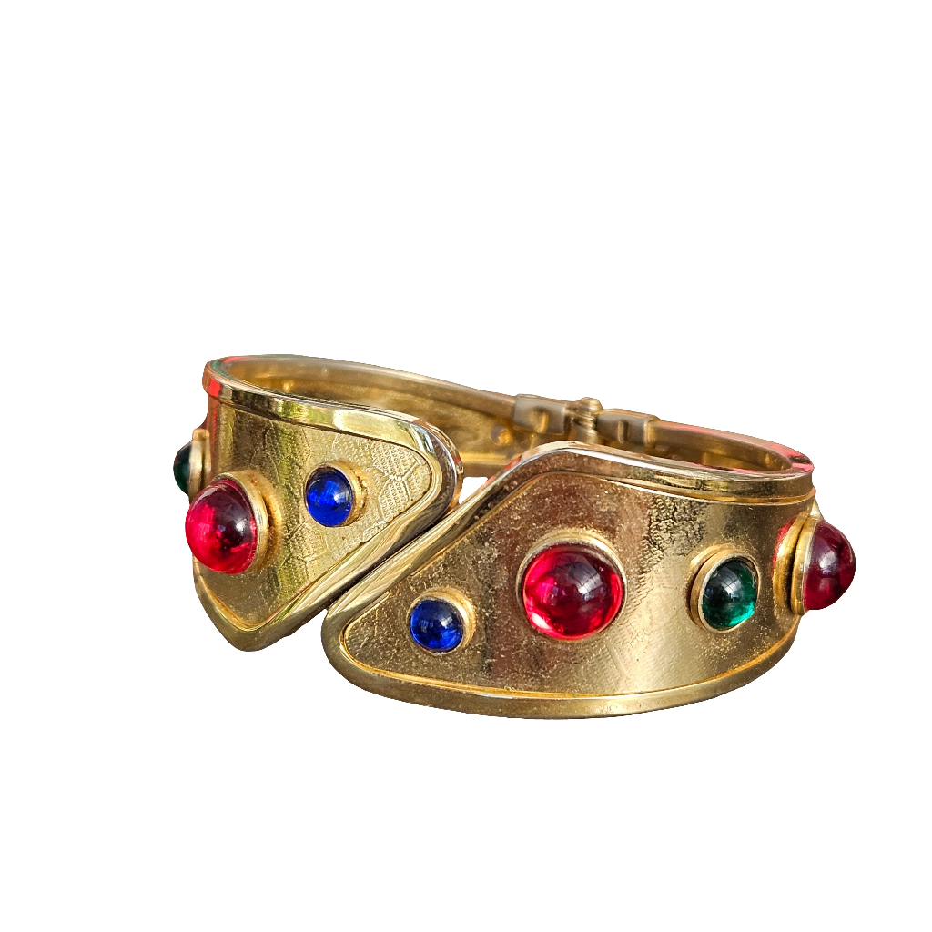Vintage 80s Glam Hinged Clamper Bangle Red Green Blue Gems Bracelet