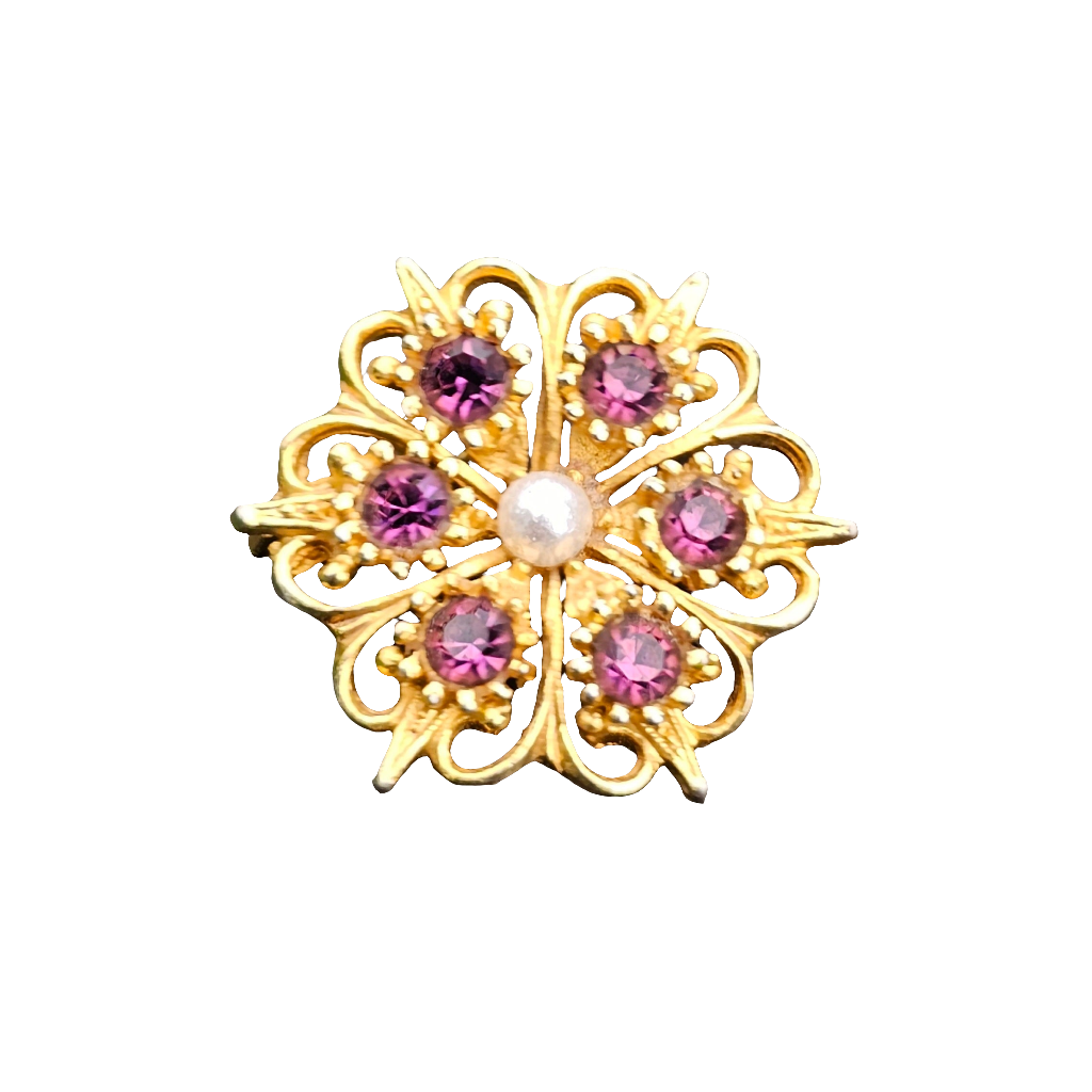 Diamante Brooch Gold Plated Vintage Jewellery Ruby Pink Stones