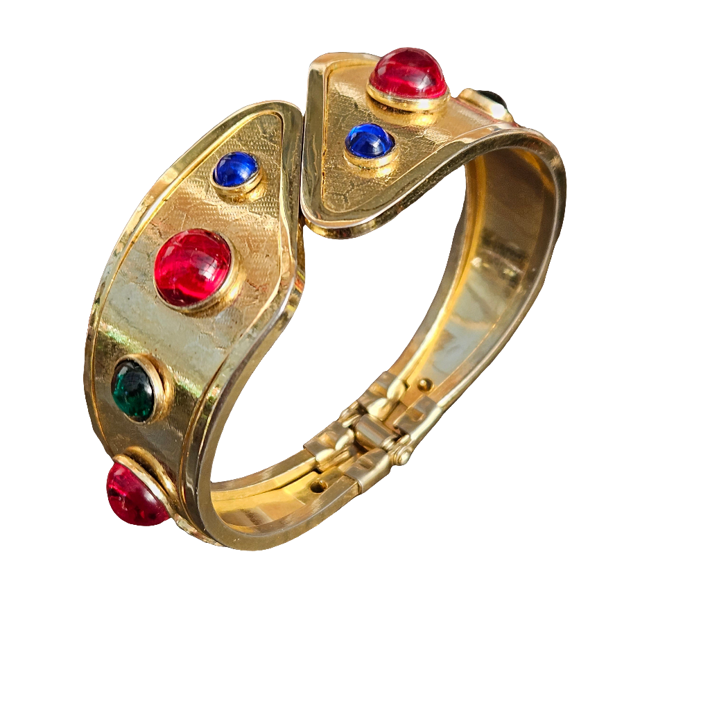 Vintage 80s Glam Hinged Clamper Bangle Red Green Blue Gems Bracelet