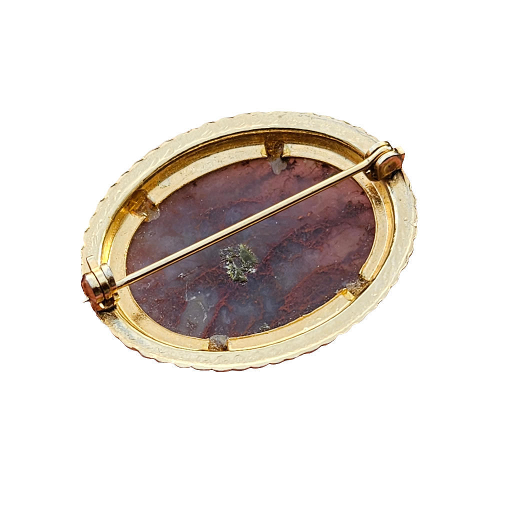 Moss Agate Brooch Vintage Gold Tone Pin Claw Set Polished Cabochon