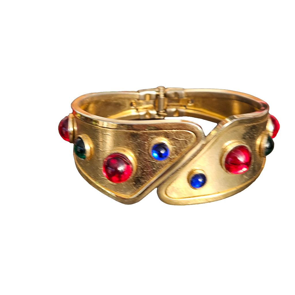 Vintage 80s Glam Hinged Clamper Bangle Red Green Blue Gems Bracelet