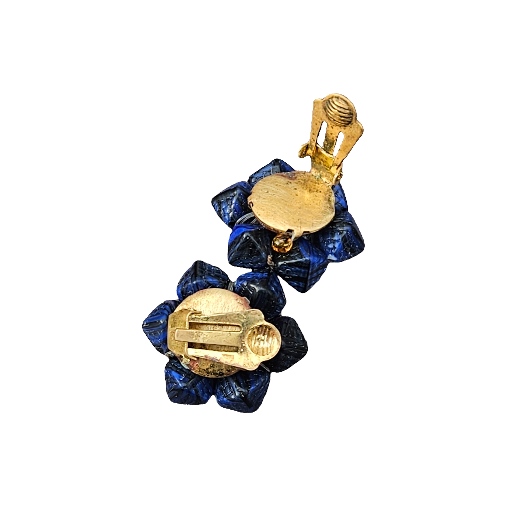 Pressed Glass Clip On Earrings Royal Blue Amber Glass 40s 50s Jewellery
