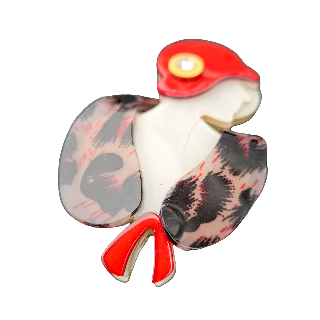 Vintage Lady Acrylic Brooch Leopard Print Flapper Girl Pin