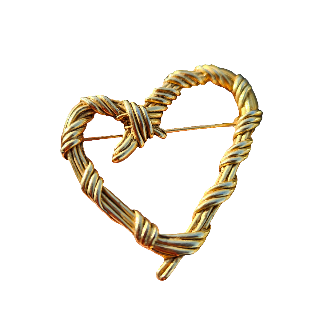 Heart Brooch Twisted Rope Design Vintage Jewellery Gold Tone Pin Jewelry 80s 90s