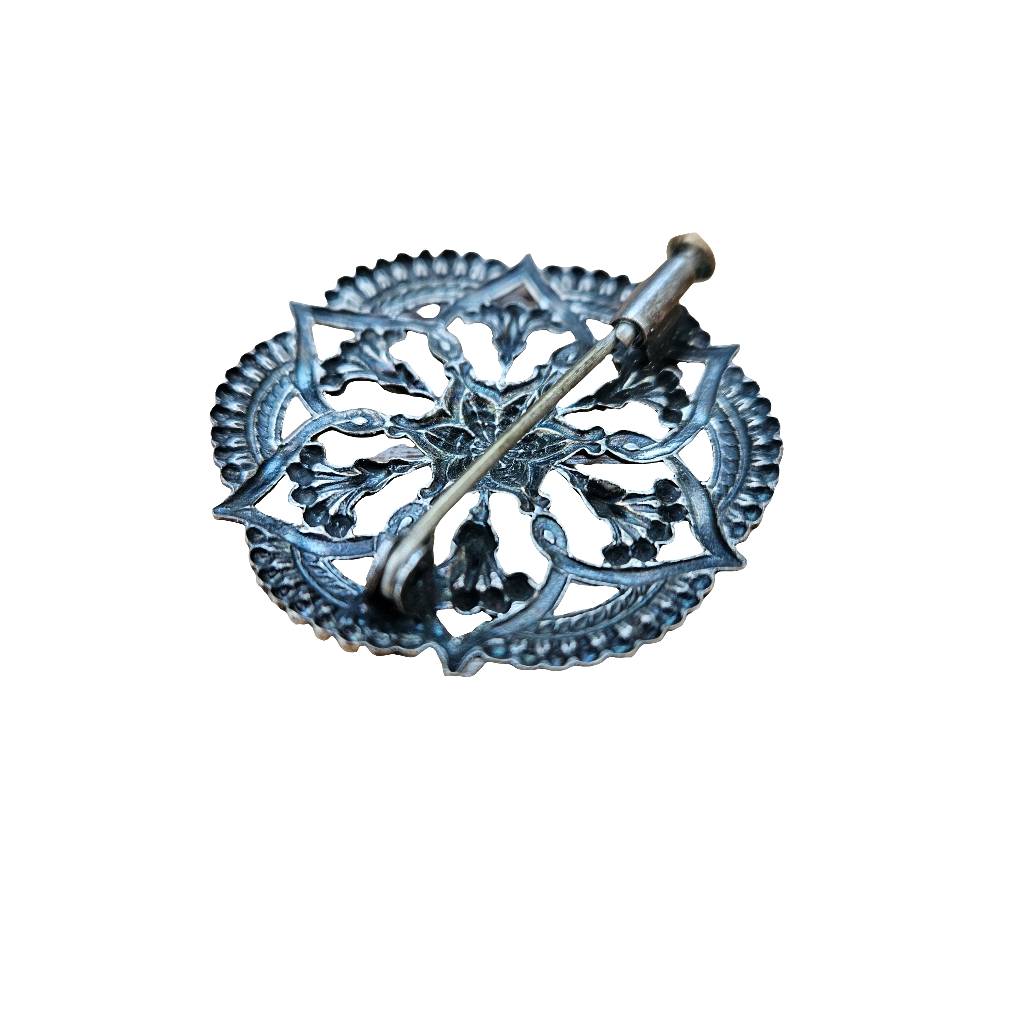 Silver Openwork Brooch Trombone Clasp Vintage Geometric Flower Pin