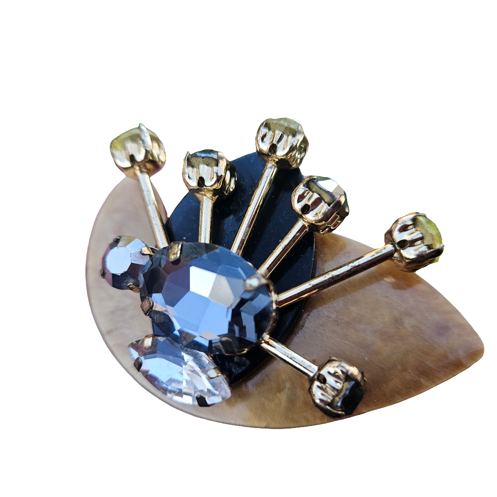 Vintage Rhinestone Statement Brooch Gold Black Lucite Large Sparkly Pin