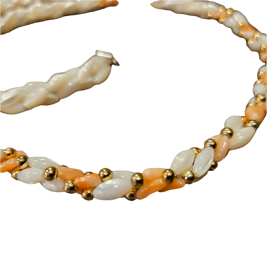 Beautiful Mother Of Pearl And Peachy Coral Gold Beaded Necklace Jewellery