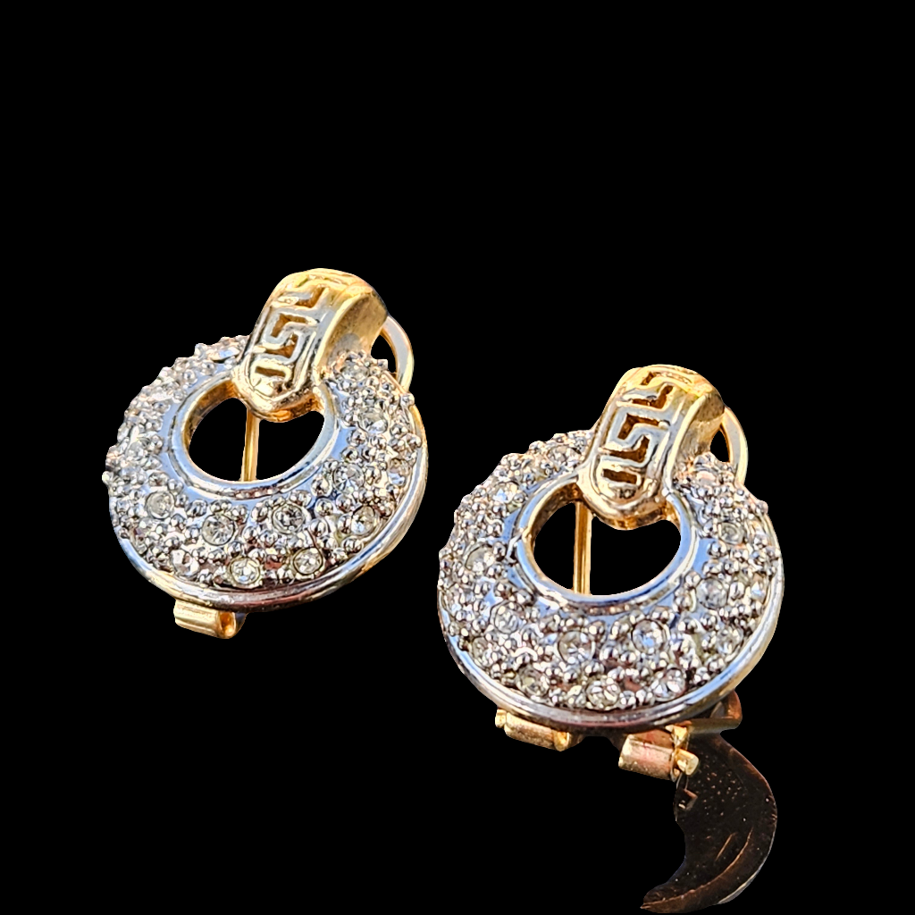 Vintage Earrings Crystal Greek Key Gold Pierced Studs Stylish High End
