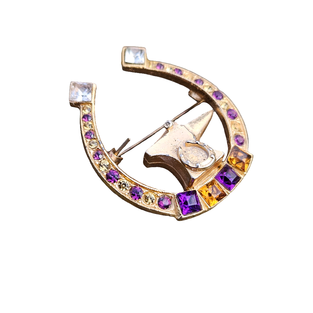 Lucky Horseshoe Brooch Rhinestone Gold Horse Shoe Pin Vintage Jewellery