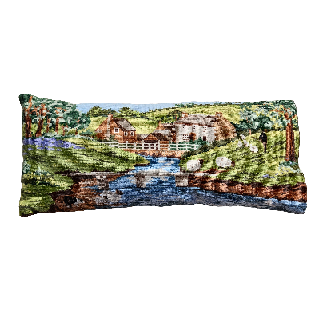 Large Vintage Needlepoint Cushion Cover Country Scene Tapestry Pillow Slip