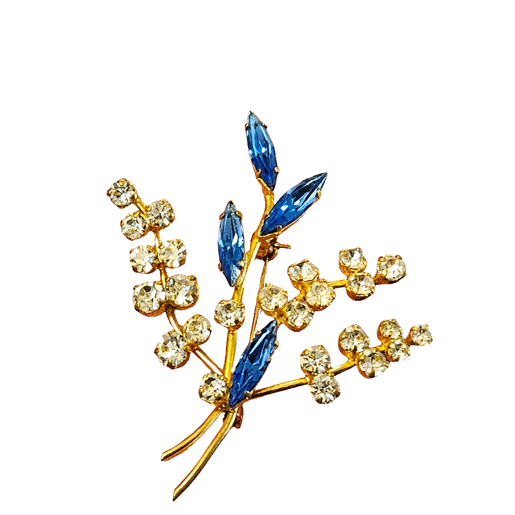 Vintage Flower Spray Brooch Blue Crystals Gold Tone Pin Jewellery