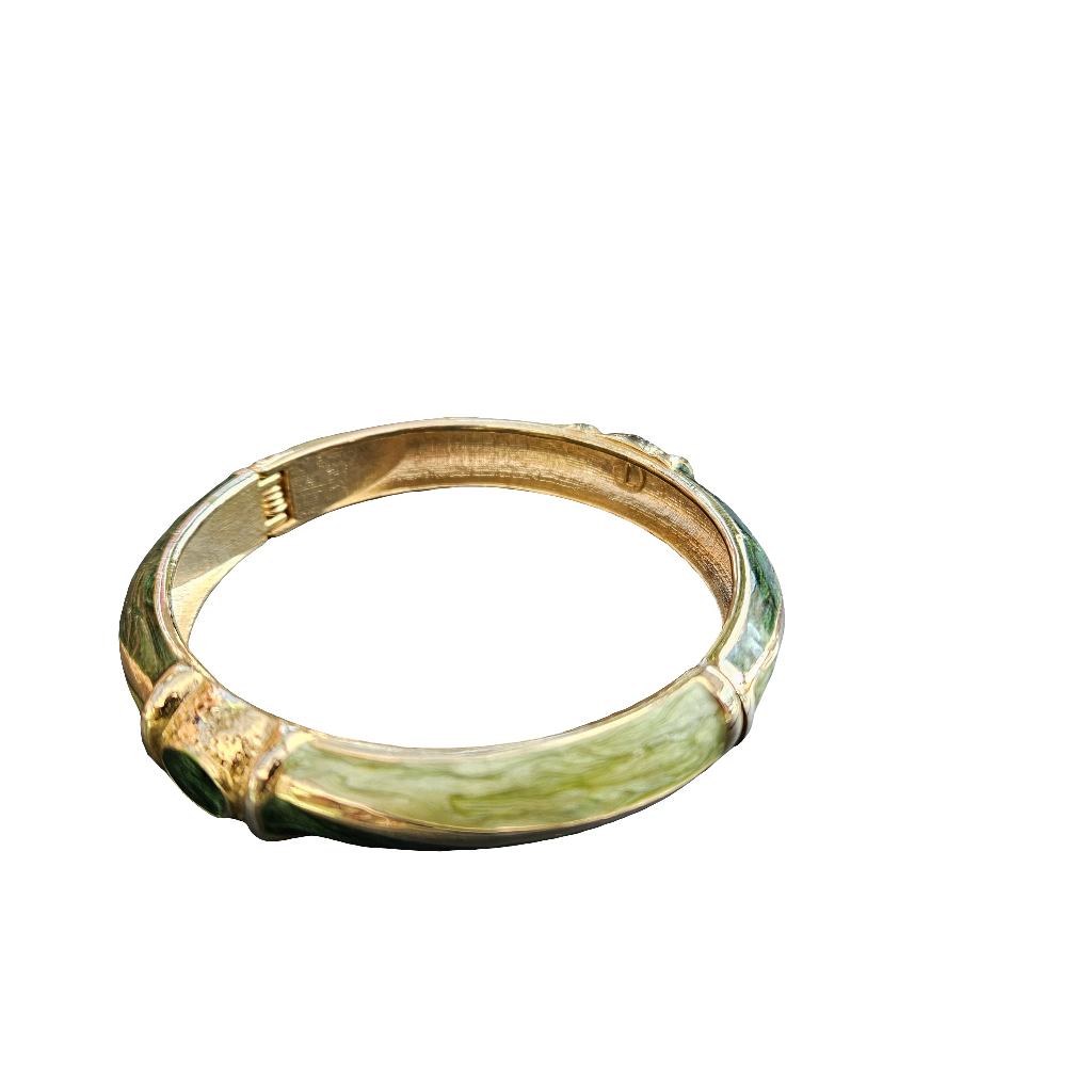 Vintage 90s Enamel Bangle Bamboo Green Gold Stunning Bracelet