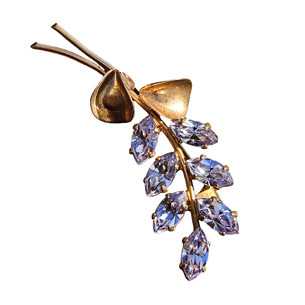Gold Plated Rhinestone Floral Brooch Lilac Crystal Flower Pin Vintage
