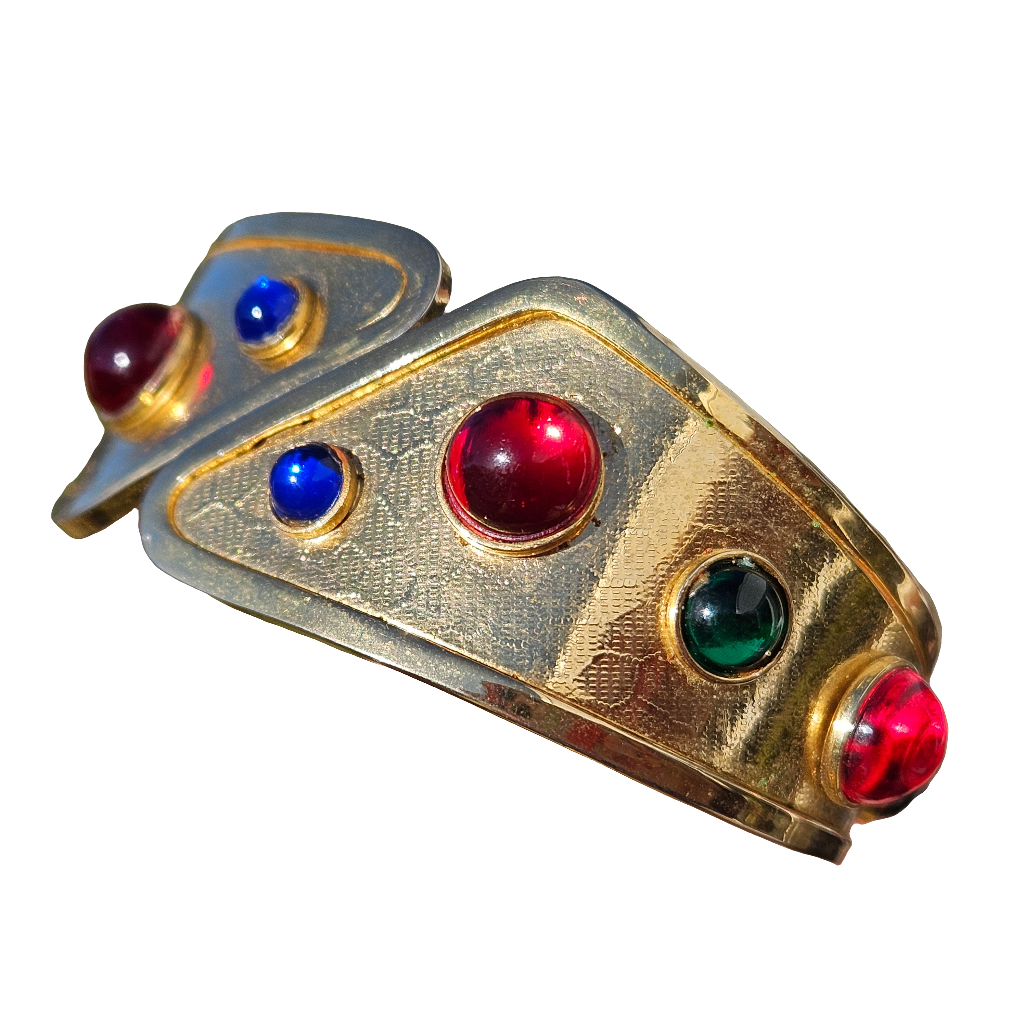 Vintage 80s Glam Hinged Clamper Bangle Red Green Blue Gems Bracelet