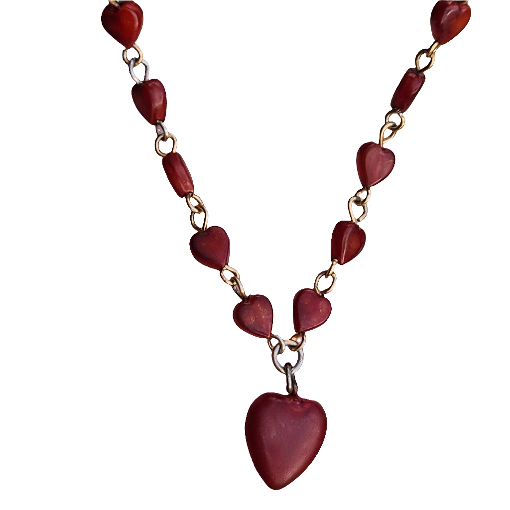 Vintage Early Plastic Red Heart Necklace Cute Kitsch Jewellery Celluloid
