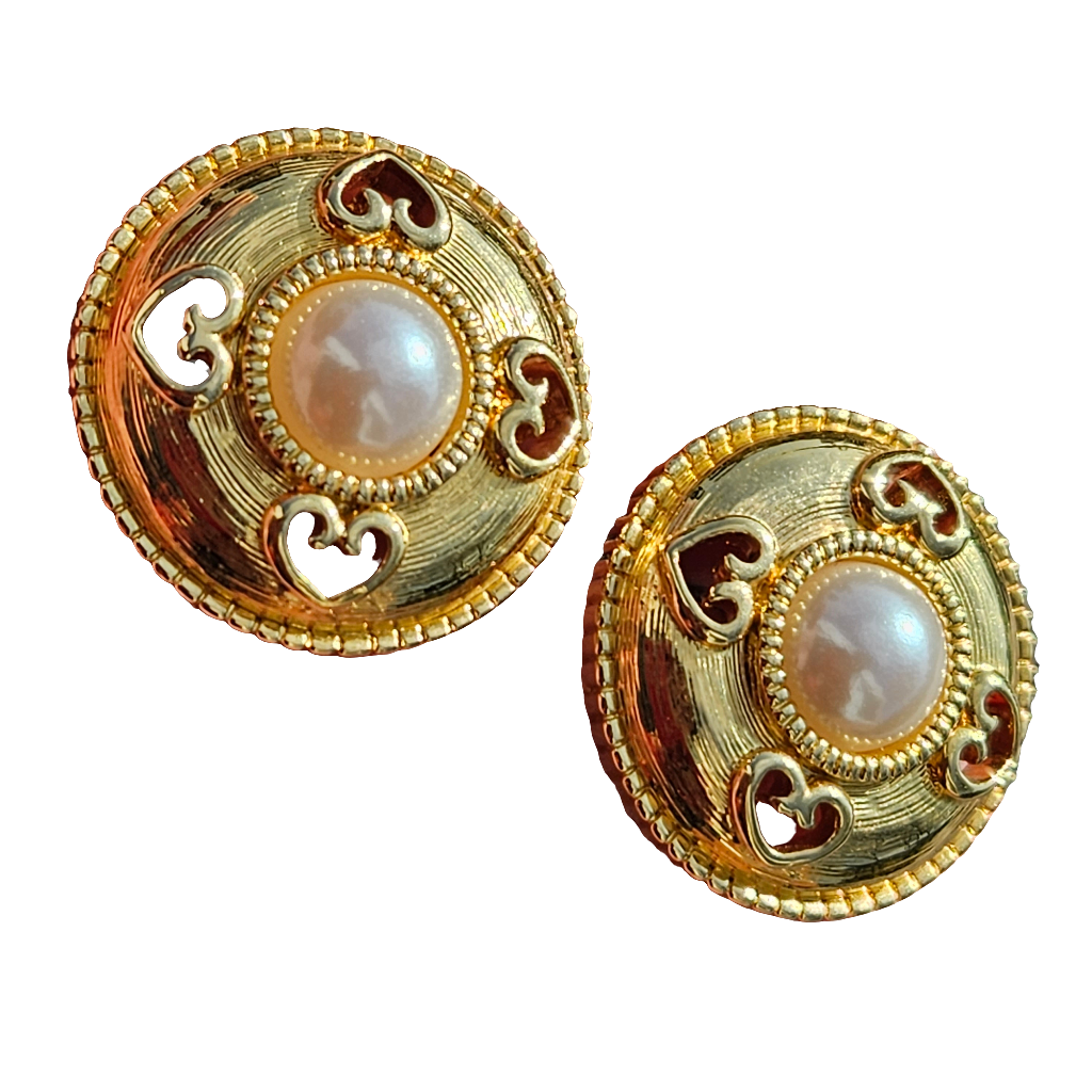 Vintage Escada Studs 90s Pearl Gold Openwork Heart Designer Earrings