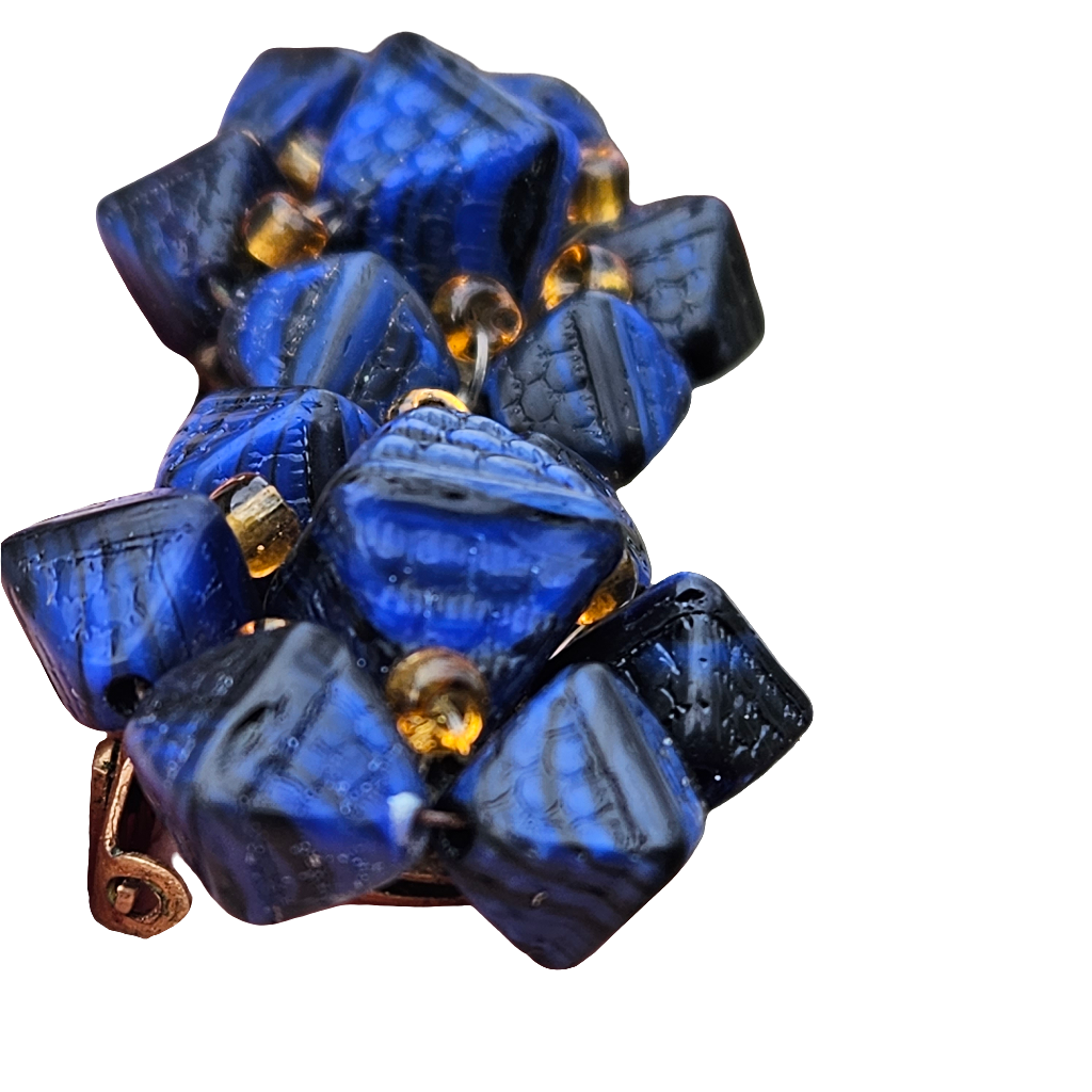 Pressed Glass Clip On Earrings Royal Blue Amber Glass 40s 50s Jewellery